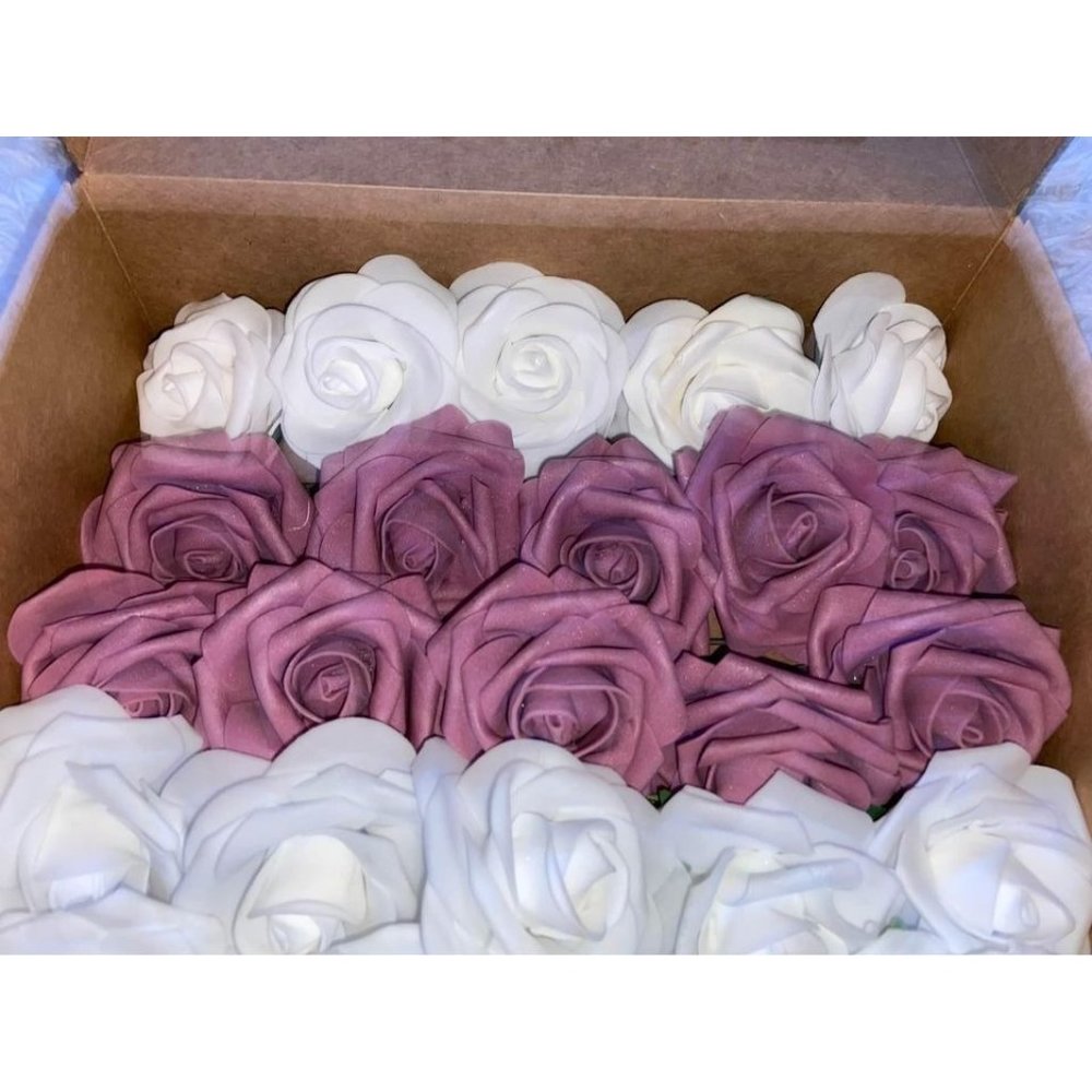 25 Count | White & Mauve Pink Roses Wedding Bouquet Flowers Centerpiece Decor